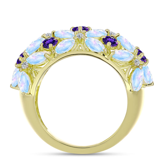 Anillo de Plata Bañada en Oro con Piedra Lunar Arco Iris y Amatista de Marruecos