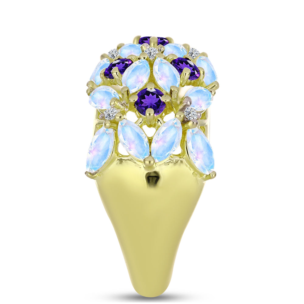 Anillo de Plata Bañada en Oro con Piedra Lunar Arco Iris y Amatista de Marruecos
