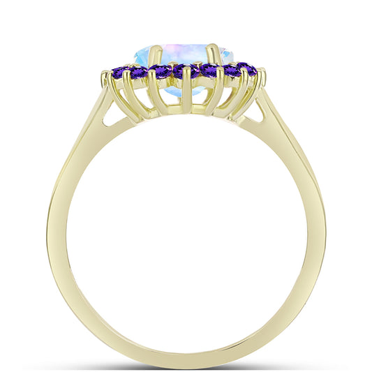 Anillo de Plata Bañada en Oro con Piedra Lunar Arco Iris y Amatista de Marruecos