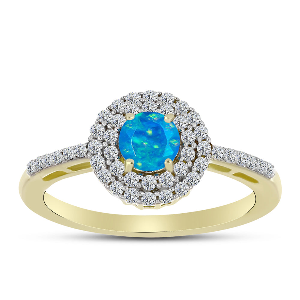 Anillo de Plata Bañada en Oro con Ópalo Azul Paraiba de Etiopía y Topacio Blanco
