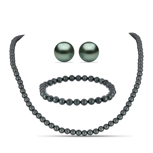 Conjunto de Plata Bañada en Oro con Perla de río Tahiti verde ilusión ( Collar +Pendientes +Pulsera )