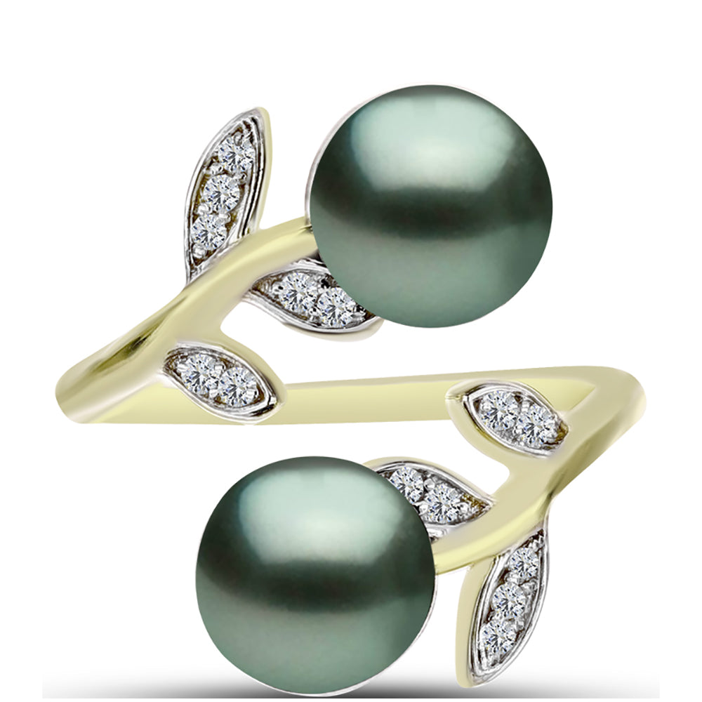 Anillo de Plata Bañada en Oro con Perla de río Tahiti verde ilusión y Topacio Blanco 1 