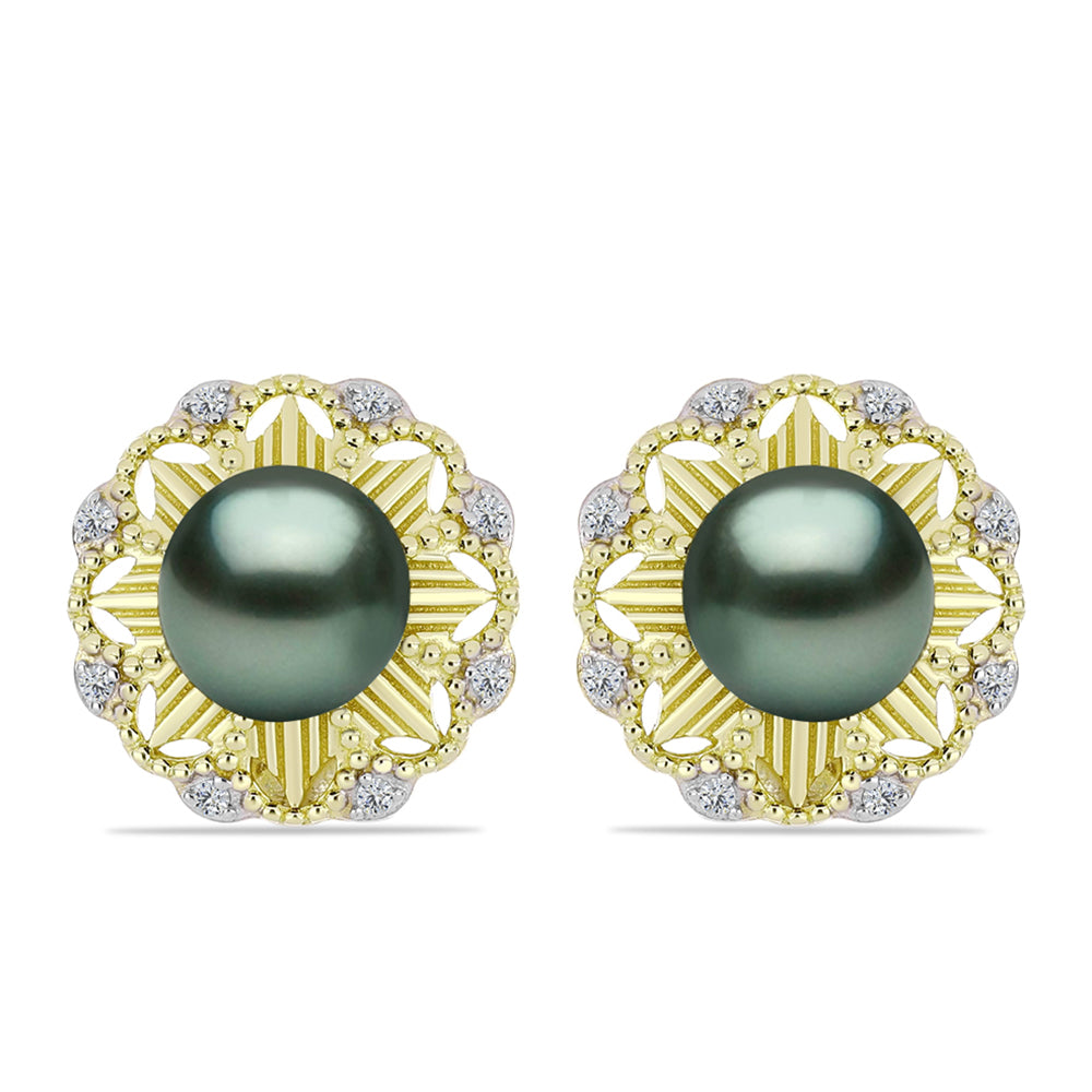 Pendientes de Plata Bañada en Oro con Perla de río Tahiti verde ilusión y Topacio Blanco