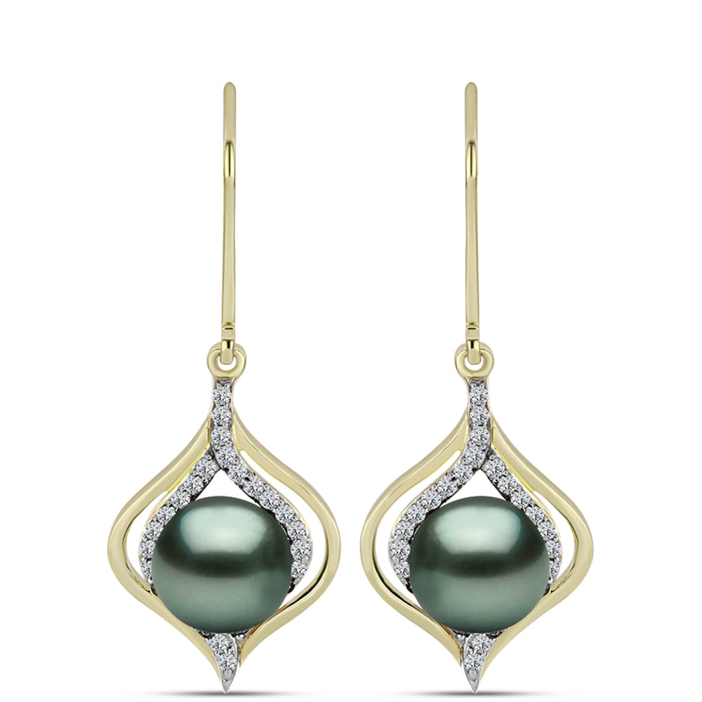 Pendientes de Plata Bañada en Oro con Perla de río Tahiti verde ilusión y Topacio Blanco