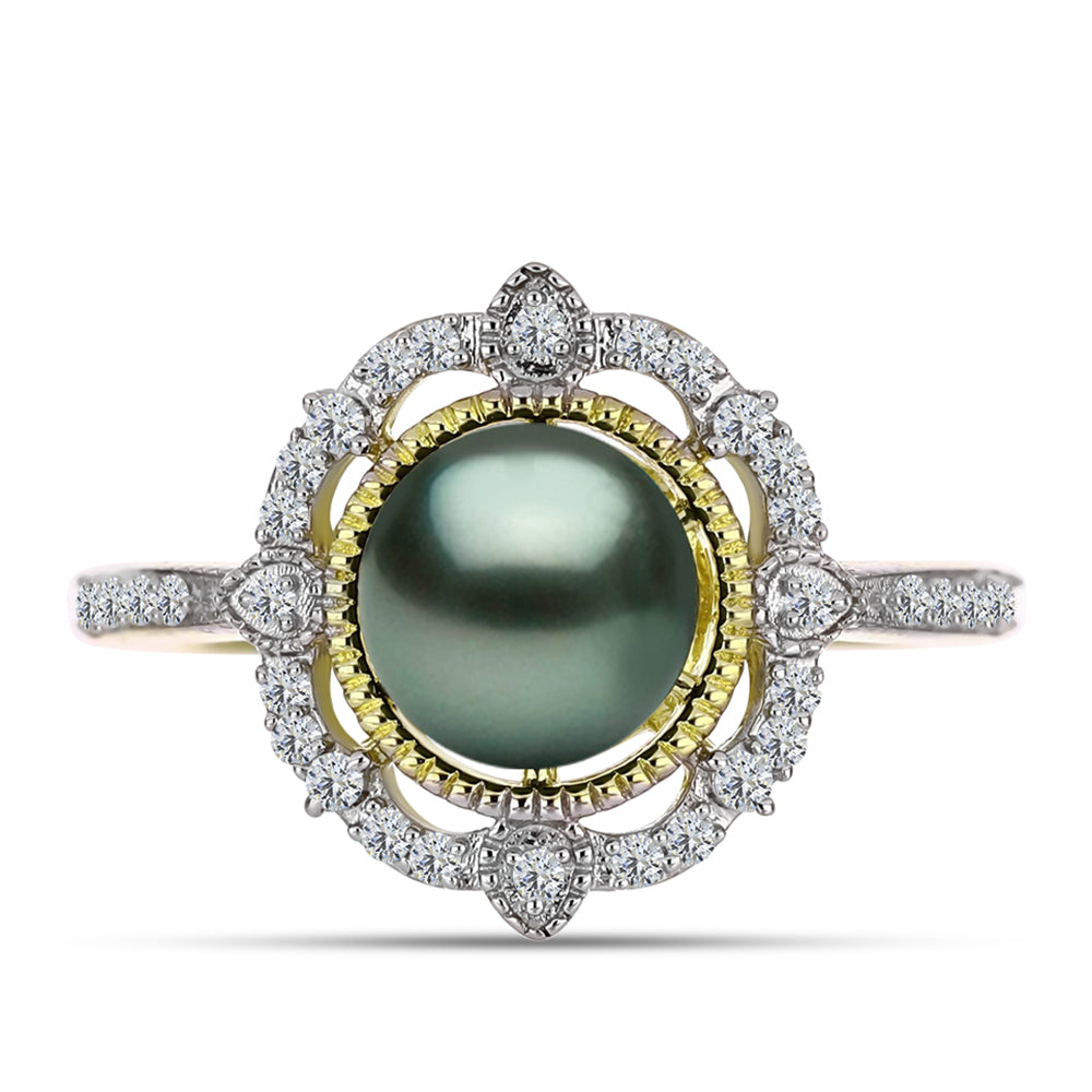 Anillo de Plata Bañada en Oro con Perla de río Tahiti verde ilusión y Topacio Blanco 1 