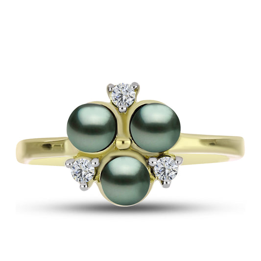 Anillo de Plata Bañada en Oro con Perla de río Tahiti verde ilusión y Topacio Blanco