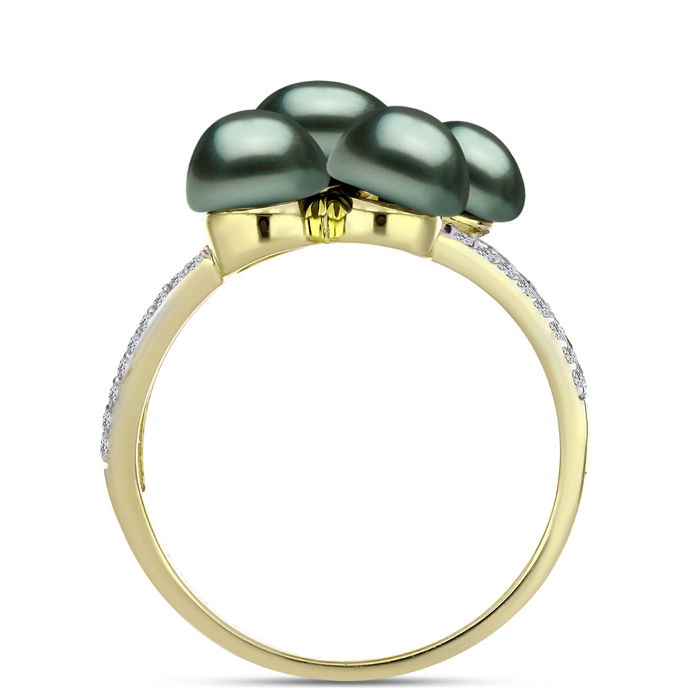 Anillo de Plata Bañada en Oro con Perla de río Tahiti verde ilusión y Topacio Blanco 2 