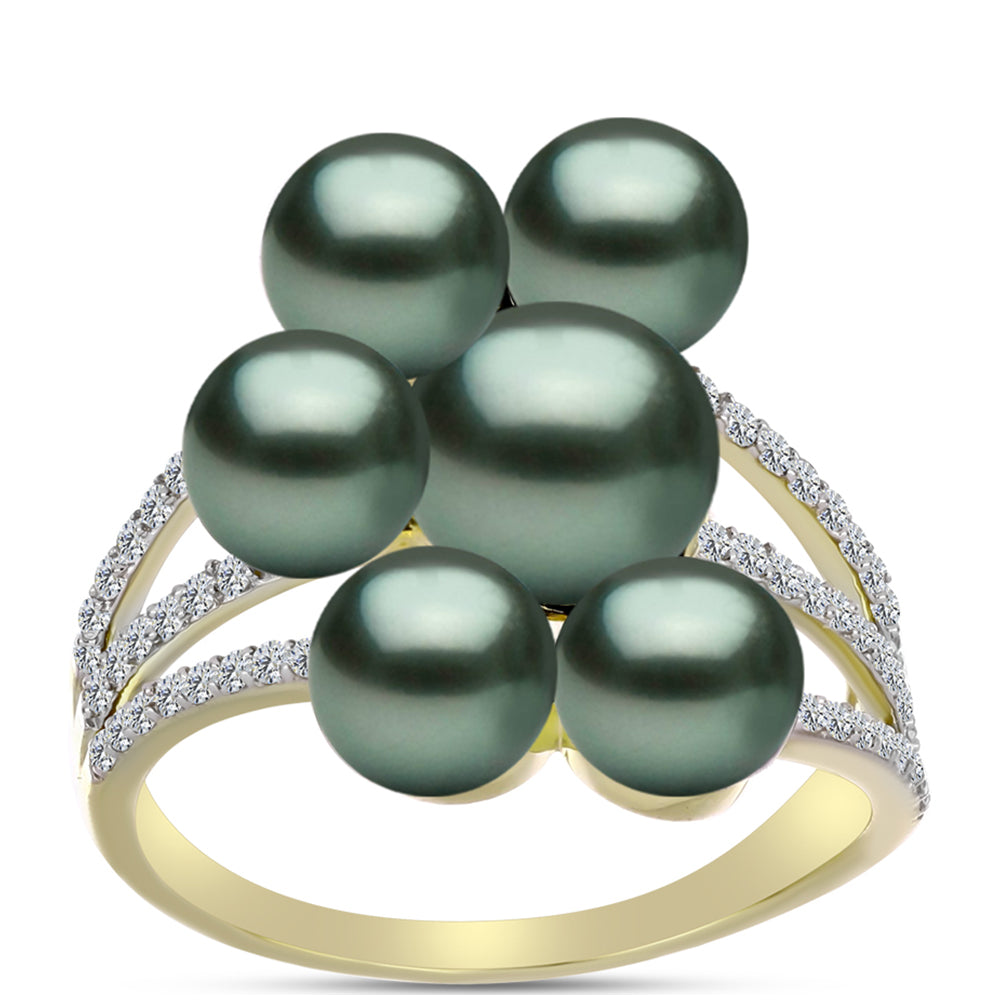 Anillo de Plata Bañada en Oro con Perla de río Tahiti verde ilusión y Topacio Blanco 3 