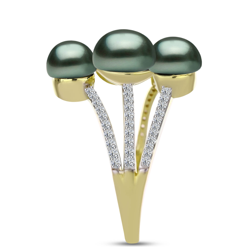 Anillo de Plata Bañada en Oro con Perla de río Tahiti verde ilusión y Topacio Blanco 4 