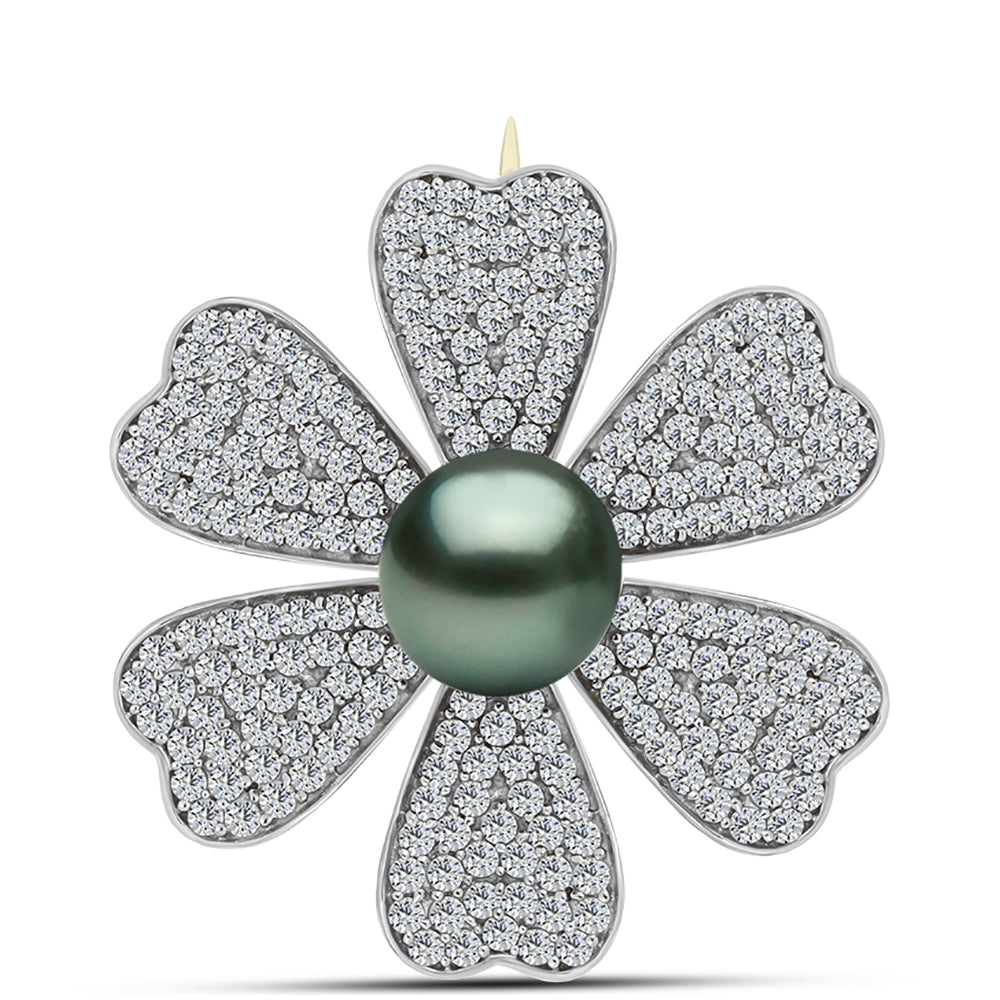 Broche de Plata Bañada en Oro con Perla de río Tahiti verde ilusión y Topacio Blanco 1 
