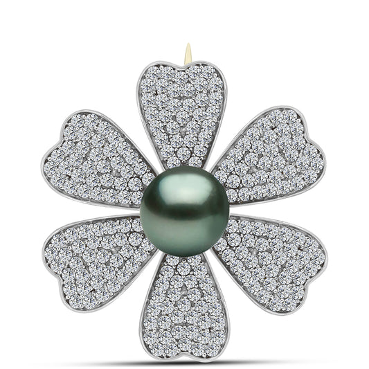 Broche de Plata Bañada en Oro con Perla de río Tahiti verde ilusión y Topacio Blanco
