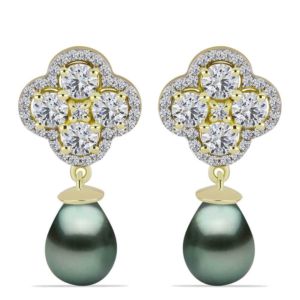 Pendientes de Plata Bañada en Oro con Perla de río Tahiti verde ilusión y Topacio Blanco 1 