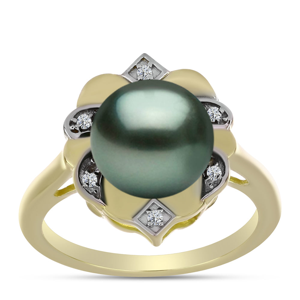 Anillo de Plata Bañada en Oro con Perla de río Tahiti verde ilusión y Topacio Blanco