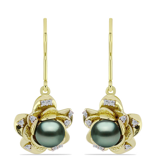 Pendientes de Plata Bañada en Oro con Perla de río Tahiti verde ilusión y Topacio Blanco