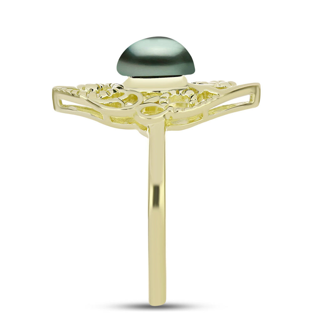 Anillo de Plata Bañada en Oro con Perla de río Tahiti verde ilusión 4 