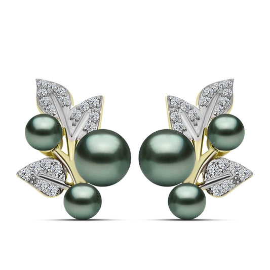 Pendientes de Plata Bañada en Oro con Perla de río Tahiti verde ilusión y Topacio Blanco