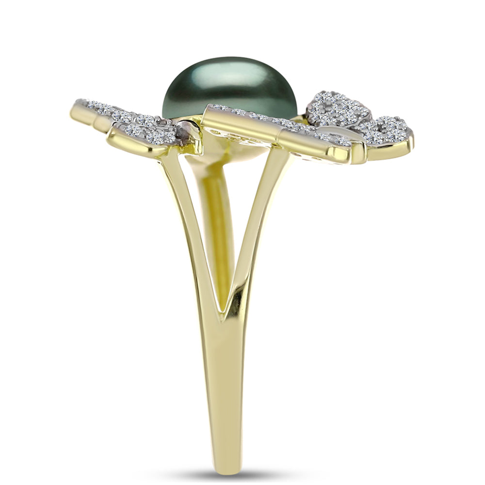 Anillo de Plata Bañada en Oro con Perla de río Tahiti verde ilusión y Topacio Blanco 4 