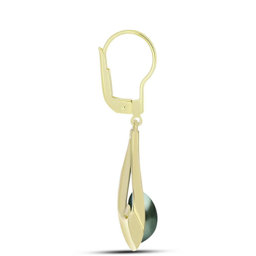 Pendientes de Plata Bañada en Oro con Perla de río Tahiti verde ilusión