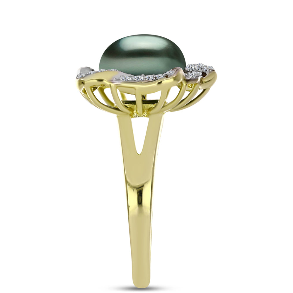 Anillo de Plata Bañada en Oro con Perla de río Tahiti verde ilusión y Topacio Blanco 4 
