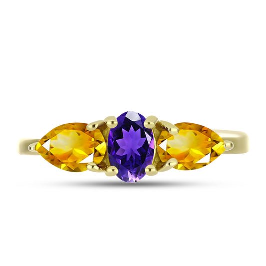 Anillo de Plata Bañada en Oro con Amatista de Marruecos y Citrino de los Montes Urales