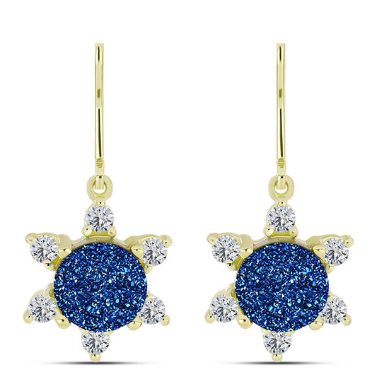 Pendientes de Plata Bañada en Oro con Drusa Azul y Topacio Blanco
