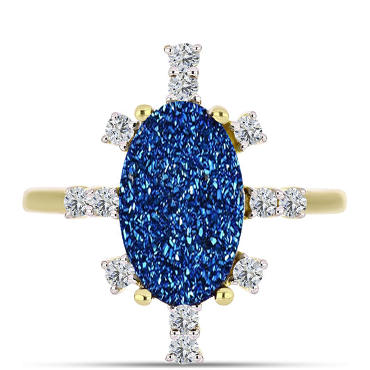 Anillo de Plata Bañada en Oro con Drusa Azul y Topacio Blanco