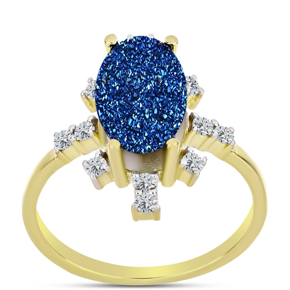 Anillo de Plata Bañada en Oro con Drusa Azul y Topacio Blanco 2 