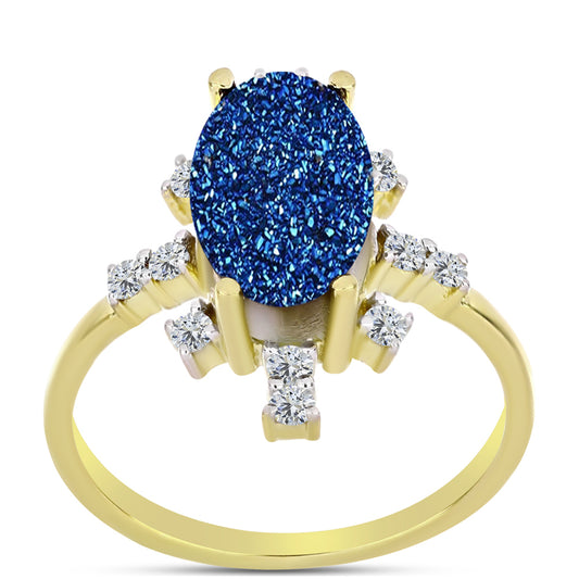 Anillo de Plata Bañada en Oro con Drusa Azul y Topacio Blanco