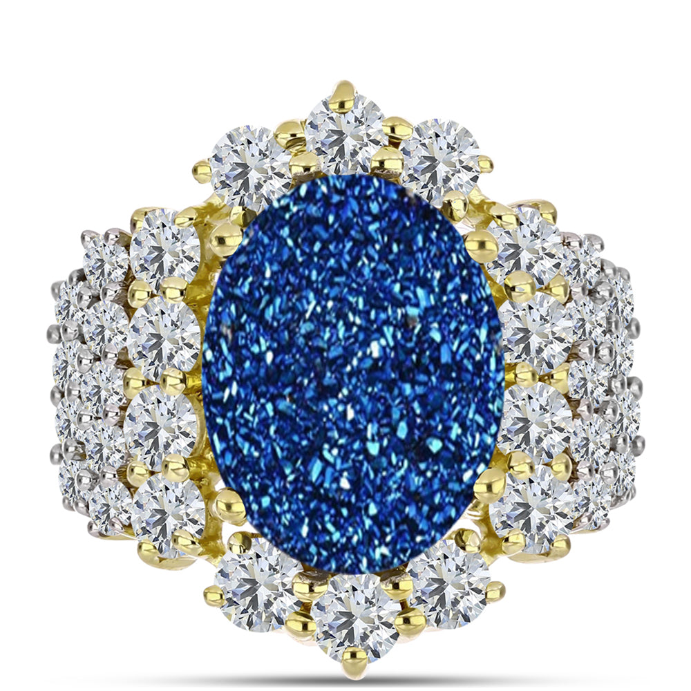 Anillo de Plata Bañada en Oro con Drusa Azul y Topacio Blanco