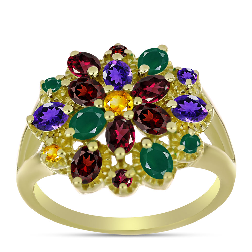 Anillo de Plata Bañada en Oro con Amatista de Marruecos y Ágata Verde 3 