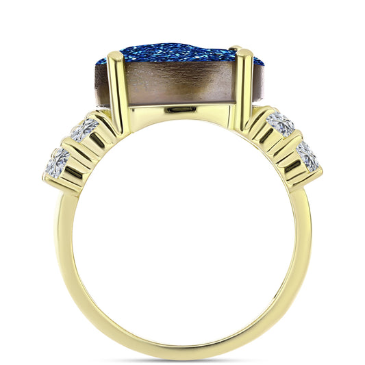 Anillo de Plata Bañada en Oro con Drusa Azul y Topacio Blanco