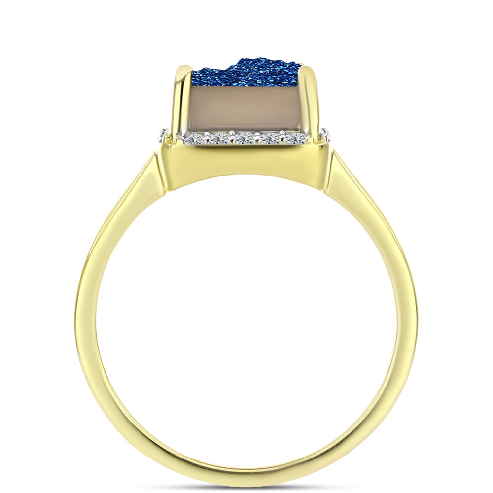 Anillo de Plata Bañada en Oro con Drusa Azul y Topacio Blanco 2 