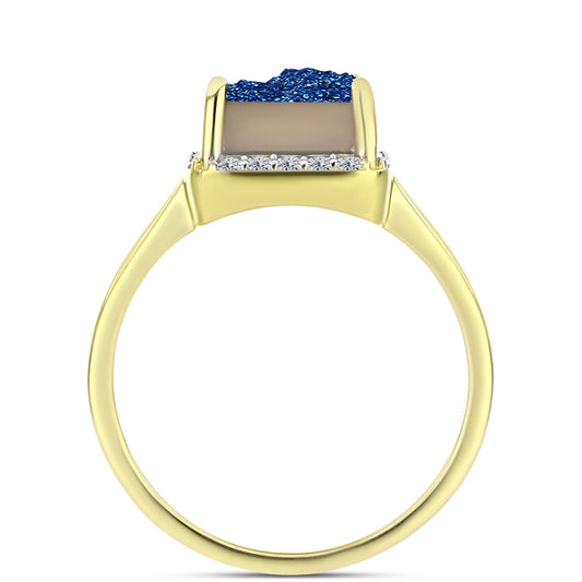 Anillo de Plata Bañada en Oro con Drusa Azul y Topacio Blanco