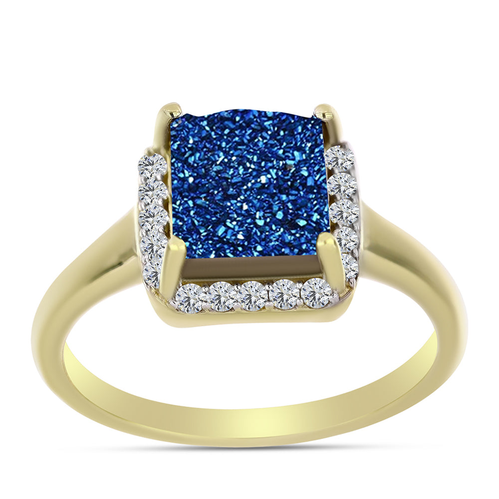Anillo de Plata Bañada en Oro con Drusa Azul y Topacio Blanco 3 