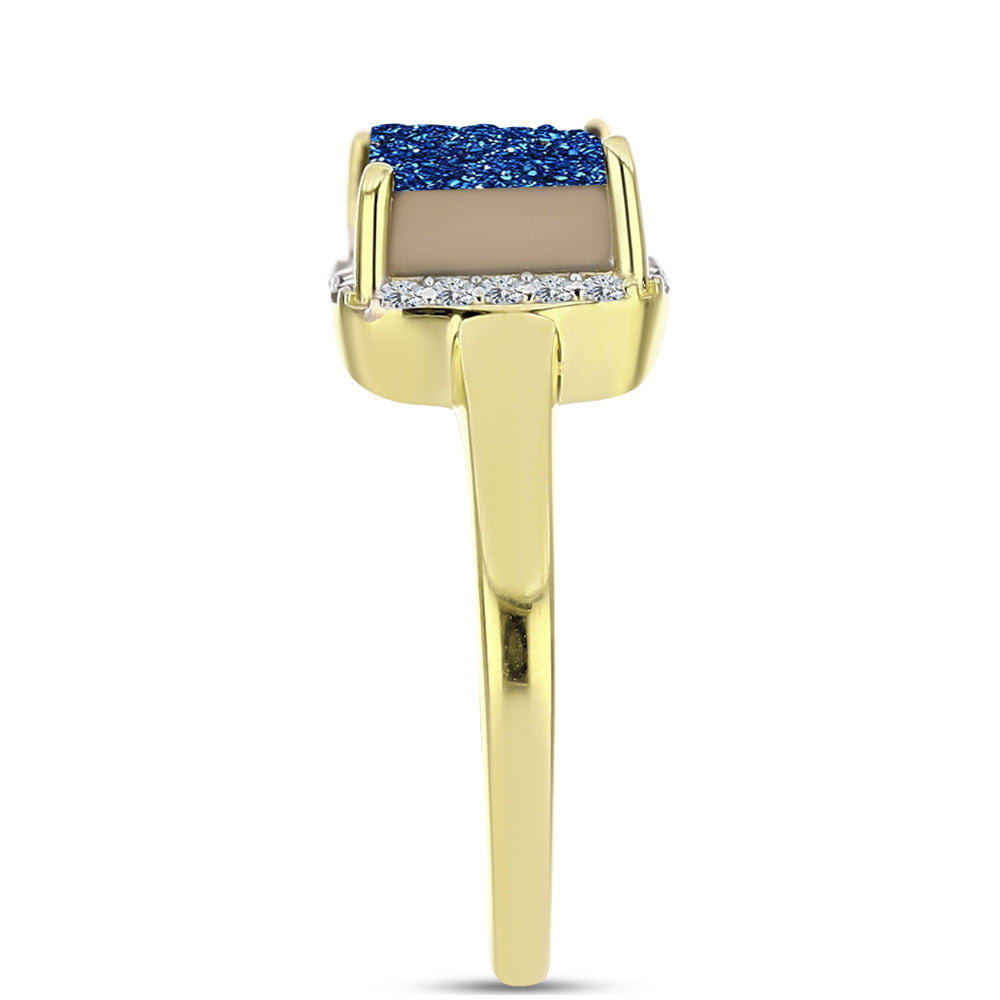 Anillo de Plata Bañada en Oro con Drusa Azul y Topacio Blanco 4 