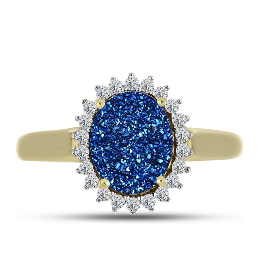 Anillo de Plata Bañada en Oro con Drusa Azul y Topacio Blanco