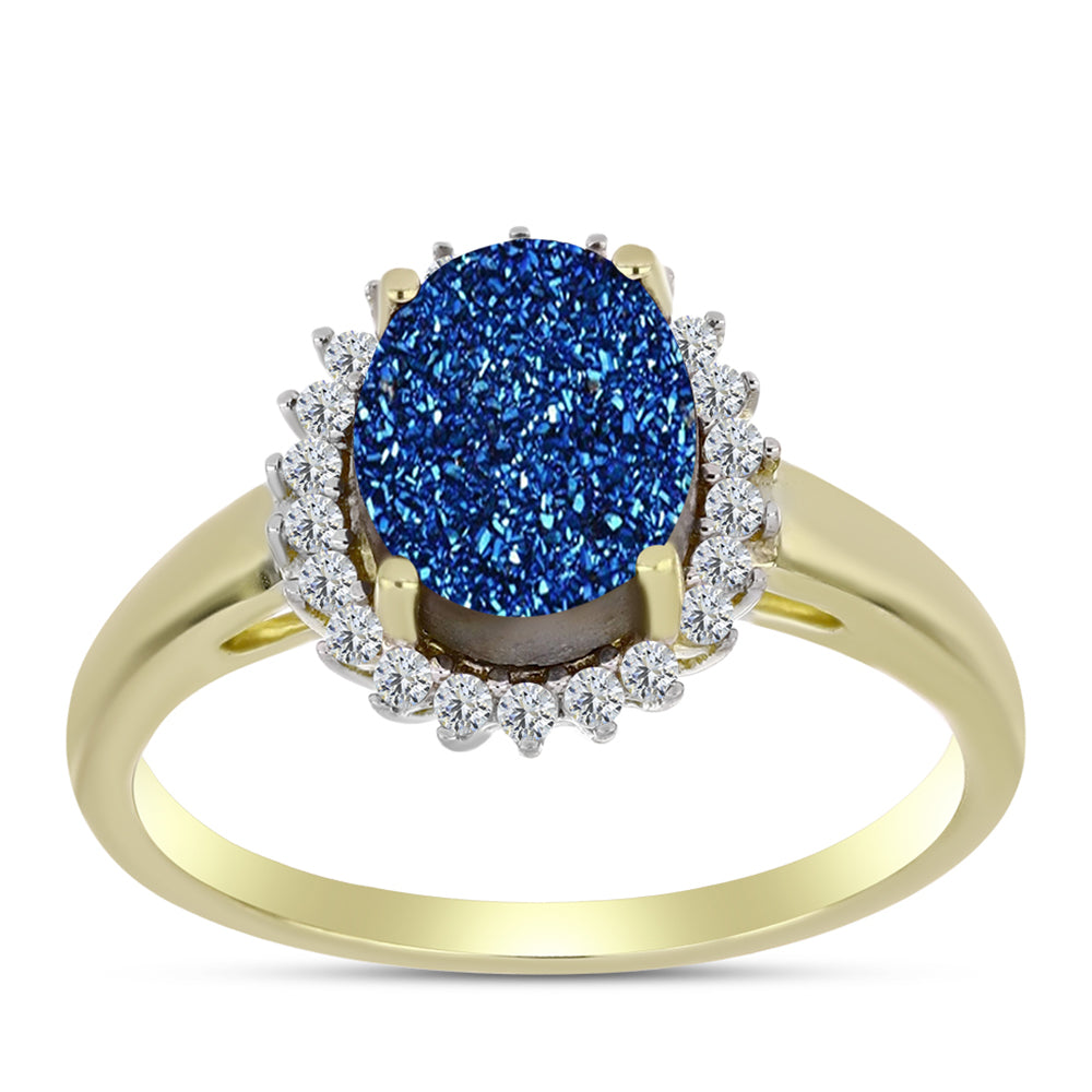 Anillo de Plata Bañada en Oro con Drusa Azul y Topacio Blanco 3 