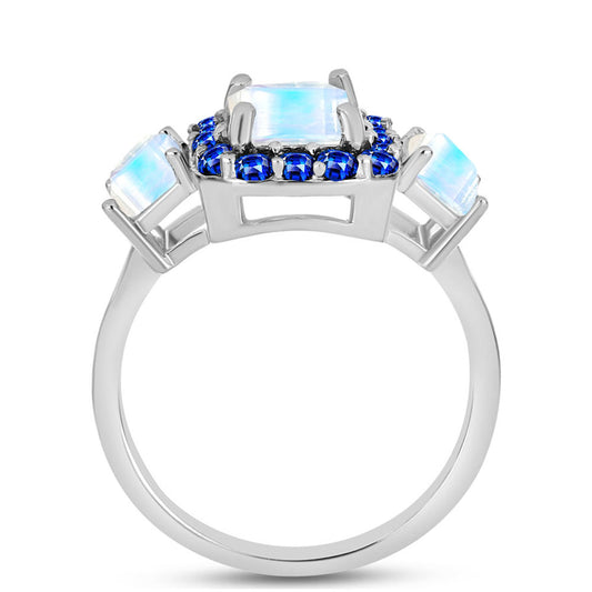 Anillo de Plata con Zafiro Azul Australiano y Piedra Lunar Arco Iris