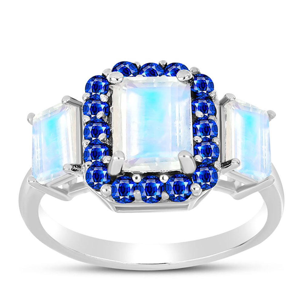 Anillo de Plata con Zafiro Azul Australiano y Piedra Lunar Arco Iris