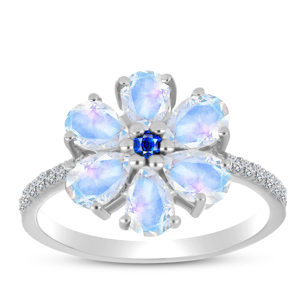 Anillo de Plata con Zafiro Azul Australiano y Piedra Lunar Arco Iris 3 