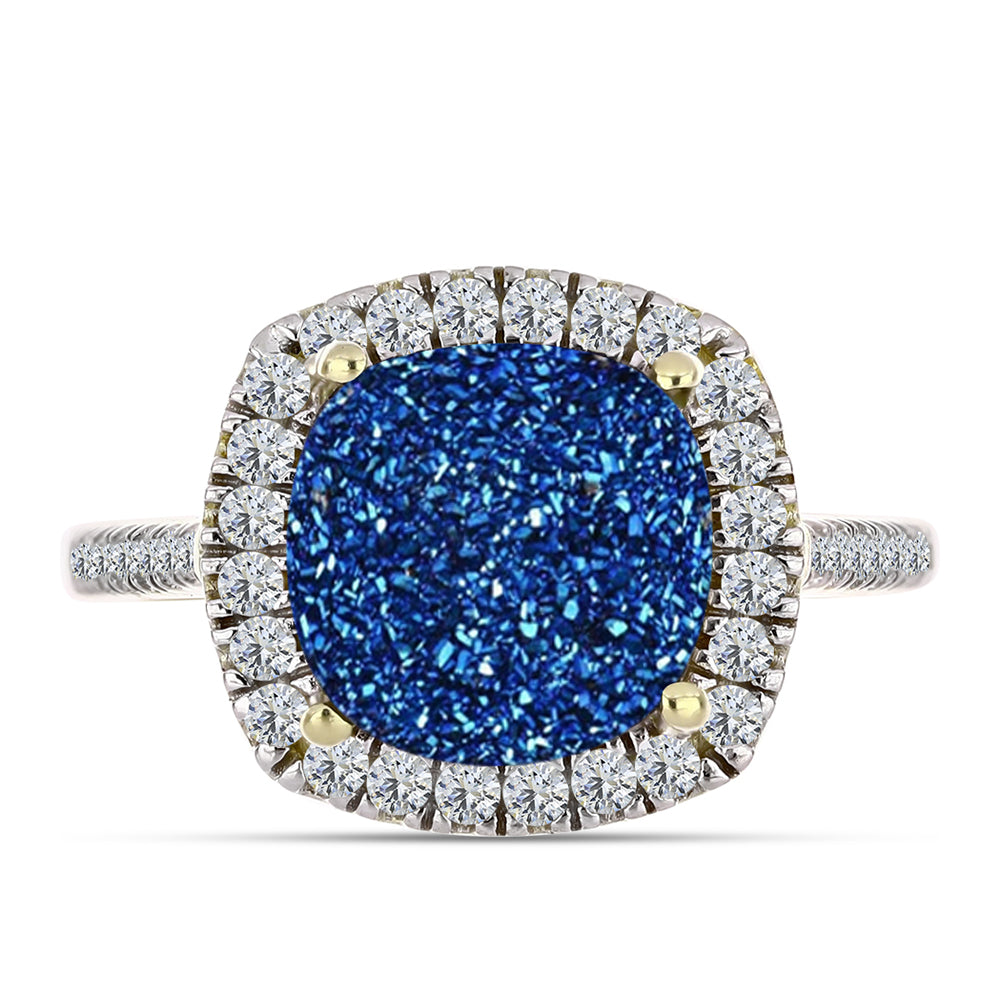 Anillo de Plata Bañada en Oro con Drusa Azul y Topacio Blanco