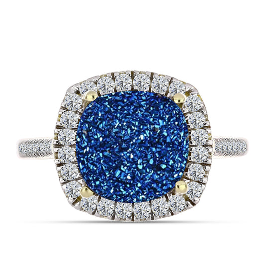 Anillo de Plata Bañada en Oro con Drusa Azul y Topacio Blanco