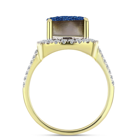 Anillo de Plata Bañada en Oro con Drusa Azul y Topacio Blanco
