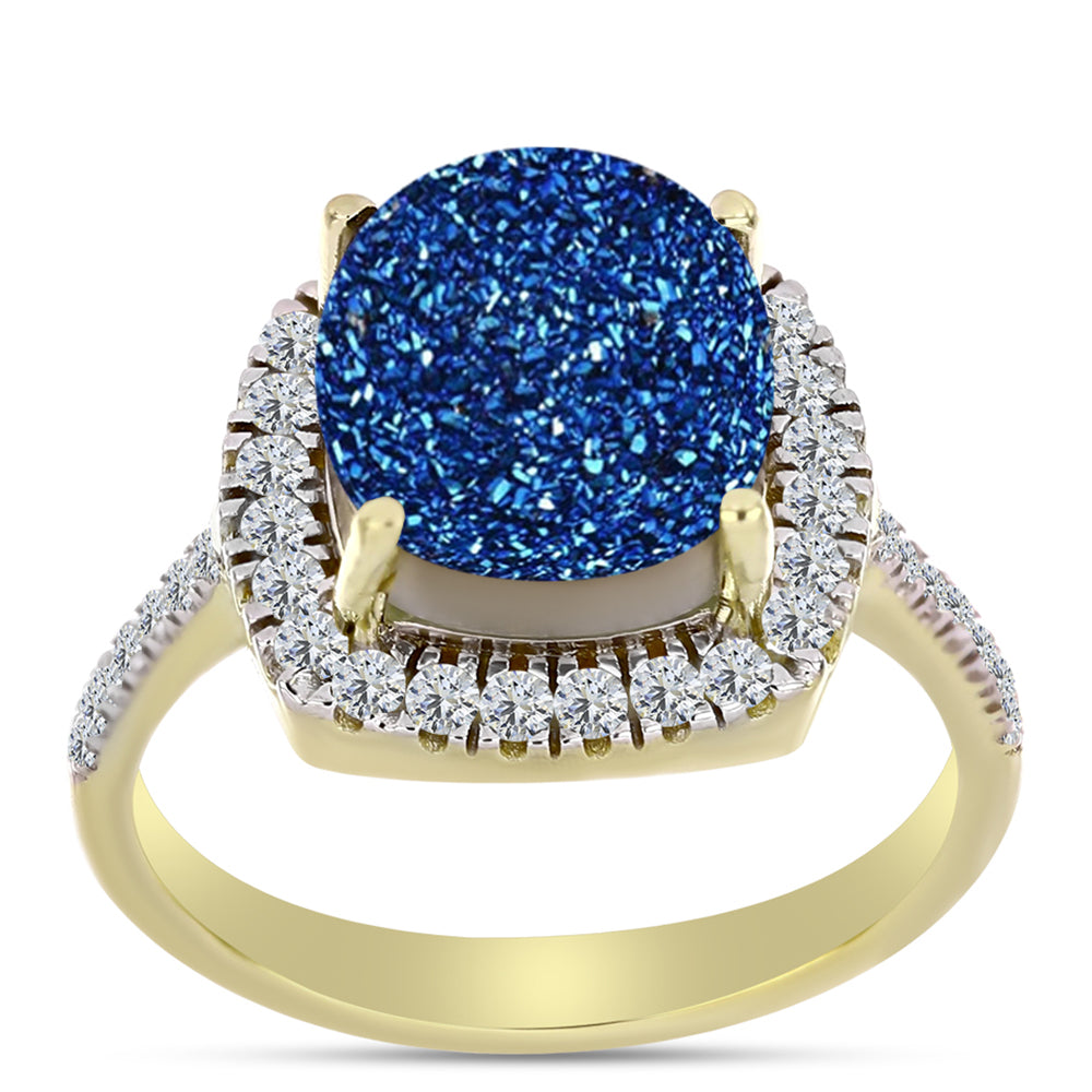 Anillo de Plata Bañada en Oro con Drusa Azul y Topacio Blanco 3 