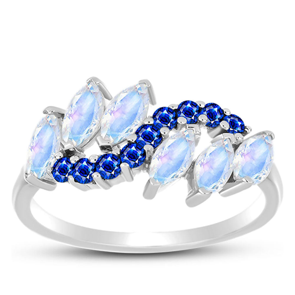 Anillo de Plata con Zafiro Azul Australiano y Piedra Lunar Arco Iris