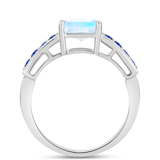 Anillo de Plata con Zafiro Azul Australiano y Piedra Lunar Arco Iris
