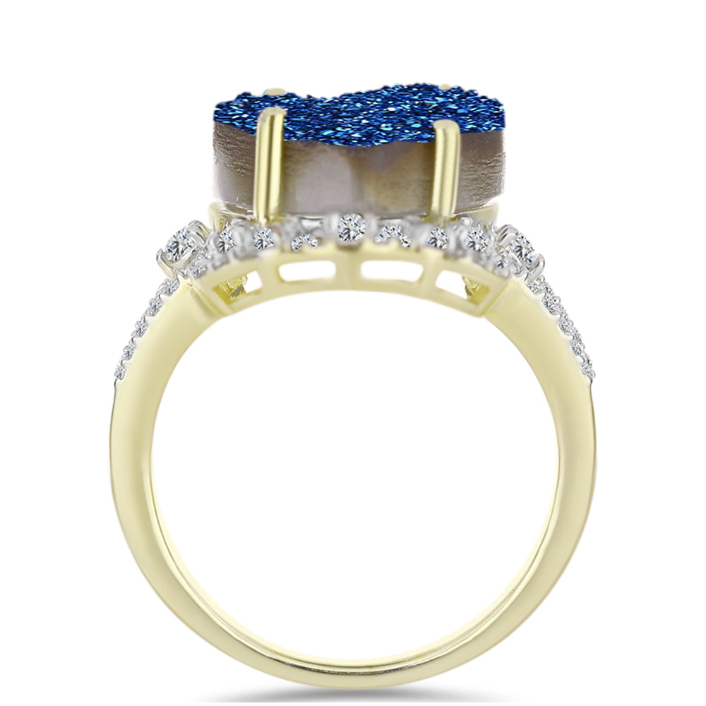 Anillo de Plata Bañada en Oro con Drusa Azul y Topacio Blanco 2 