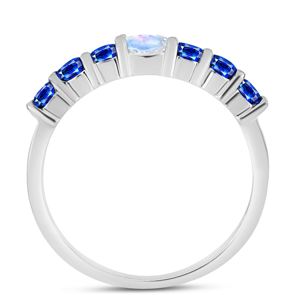 Anillo de Plata con Zafiro Azul Australiano y Piedra Lunar Arco Iris