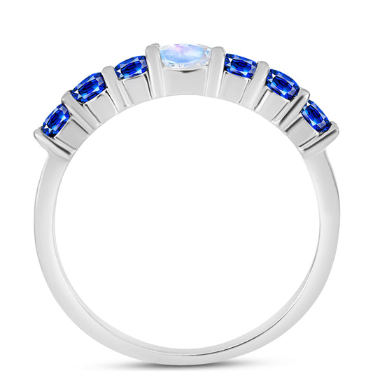 Anillo de Plata con Zafiro Azul Australiano y Piedra Lunar Arco Iris