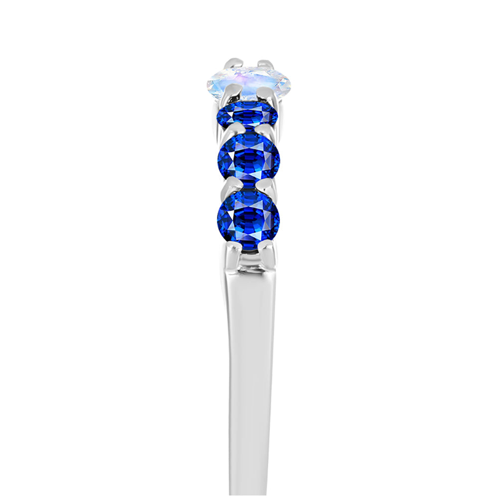 Anillo de Plata con Zafiro Azul Australiano y Piedra Lunar Arco Iris